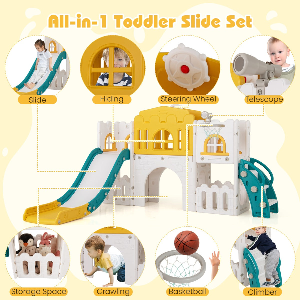 All in 1 L-shaped Toddle Slide with Tunnel and Basketball Hoop for Toddlers Age 1-3-Colourful