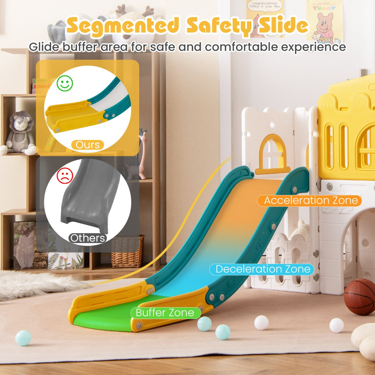 All in 1 L-shaped Toddle Slide with Tunnel and Basketball Hoop for Toddlers Age 1-3-Colourful