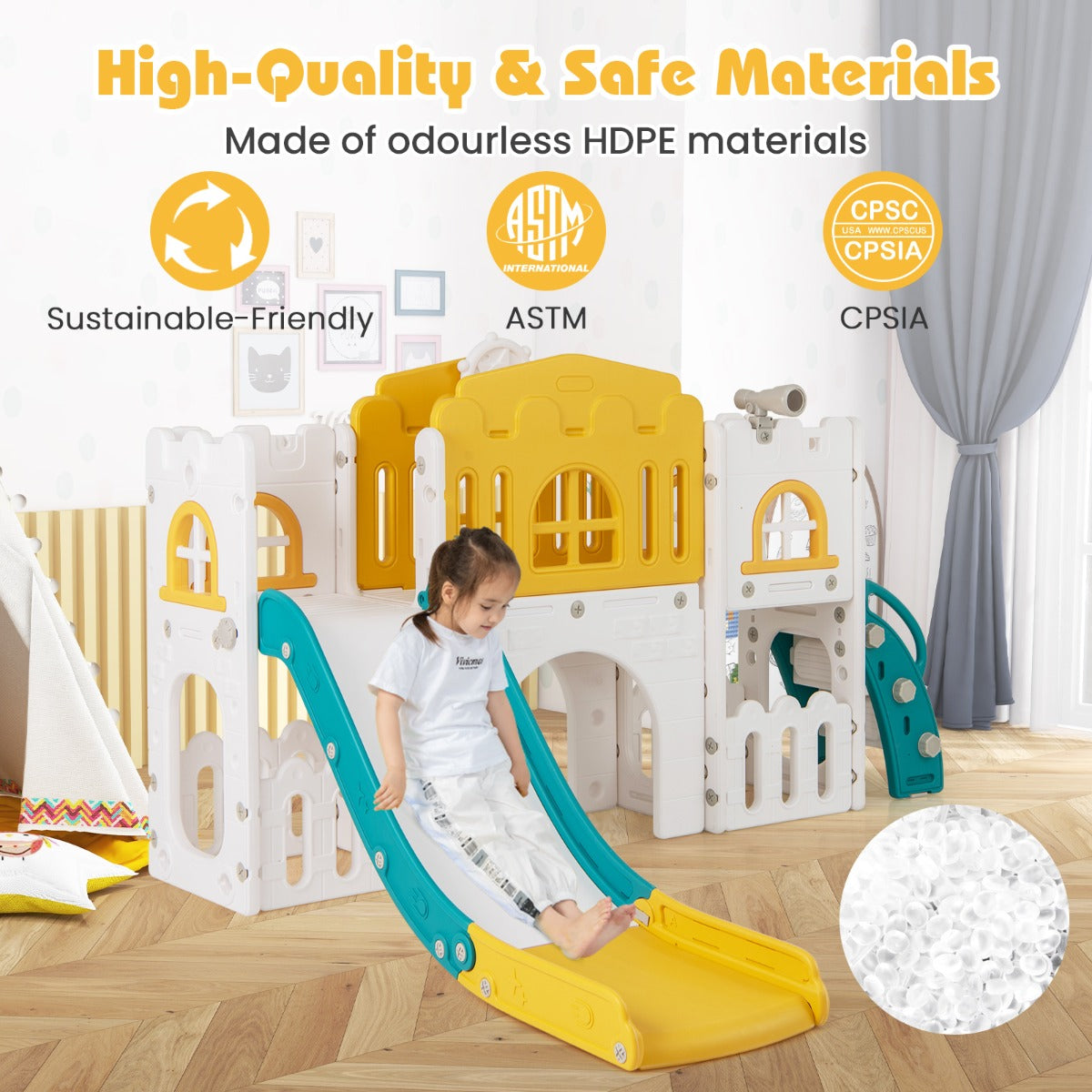 All in 1 L-shaped Toddle Slide with Tunnel and Basketball Hoop for Toddlers Age 1-3-Colourful