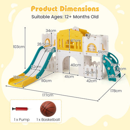 All in 1 L-shaped Toddle Slide with Tunnel and Basketball Hoop for Toddlers Age 1-3-Colourful