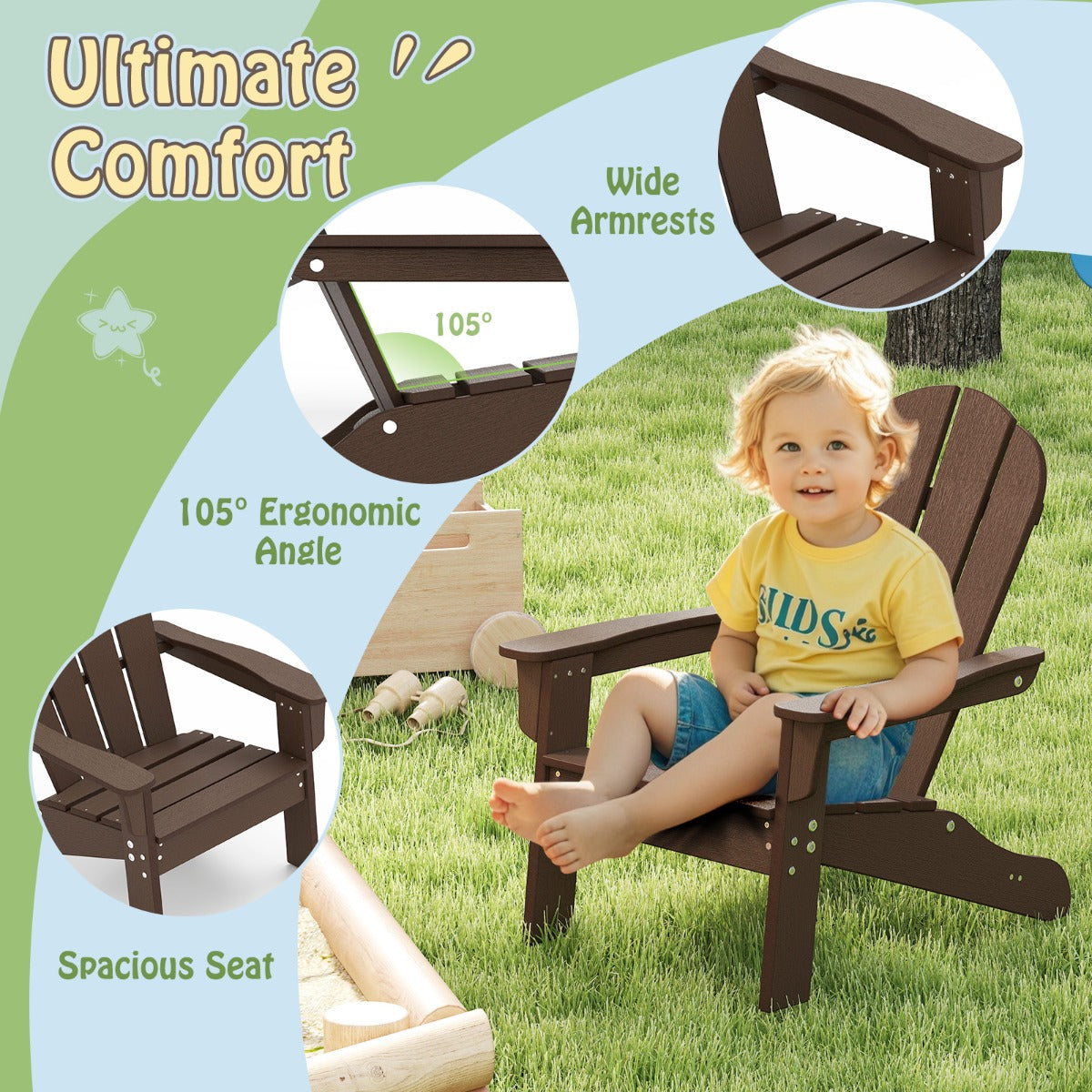 All-Weather HDPE Toddler Lawn Chair with Ergonomic Design-Brown