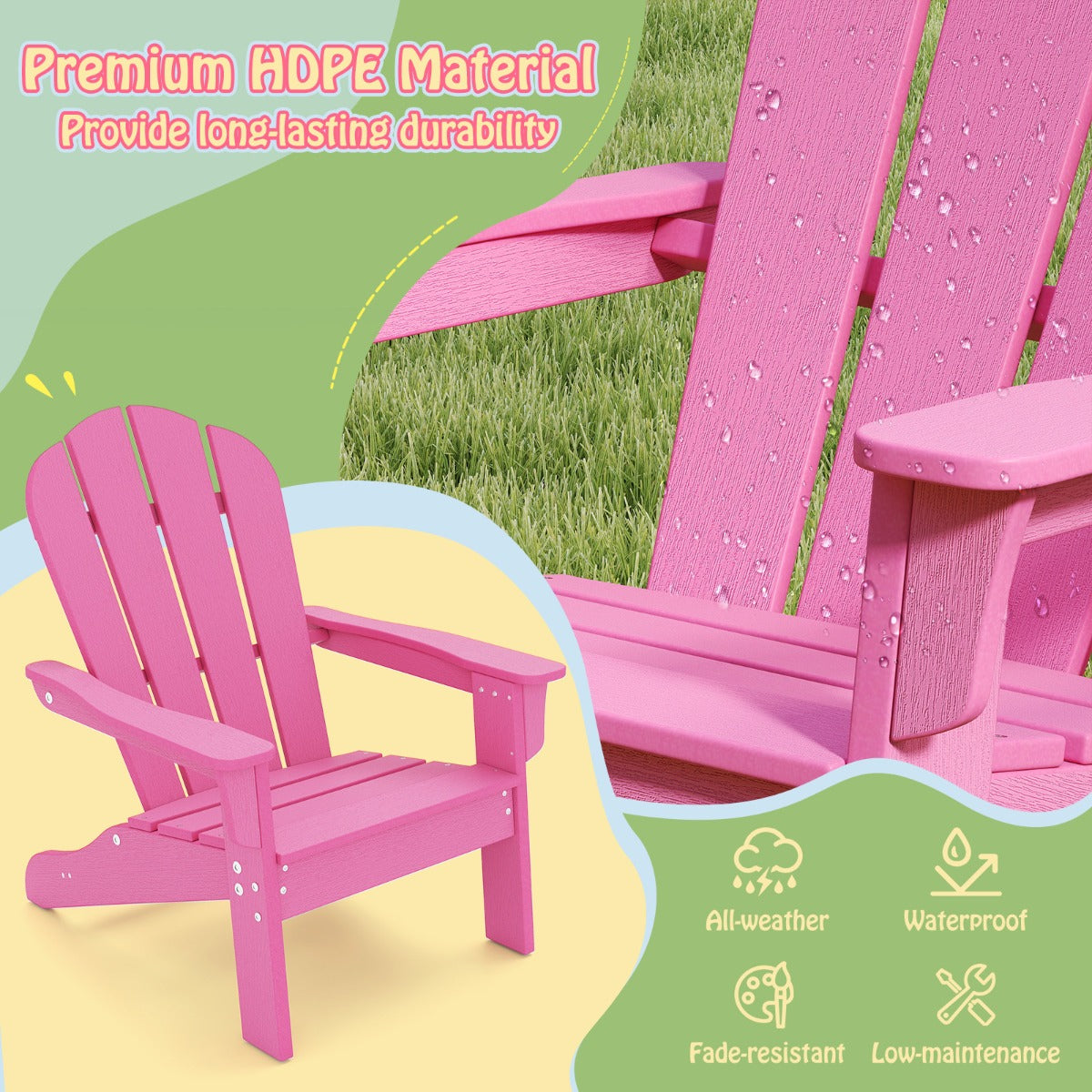 All-Weather HDPE Toddler Lawn Chair with Ergonomic Design-Pink