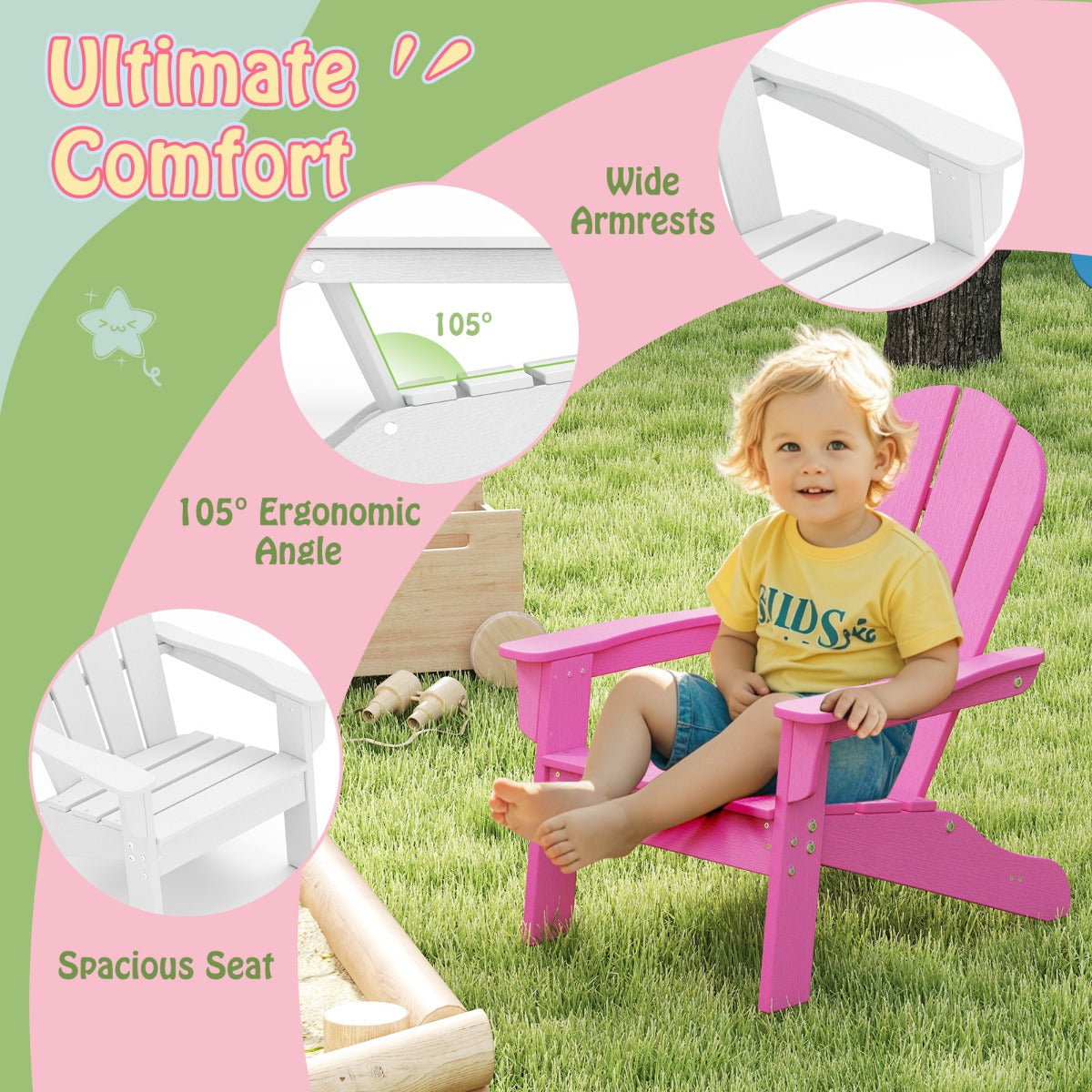 All-Weather HDPE Toddler Lawn Chair with Ergonomic Design-Pink