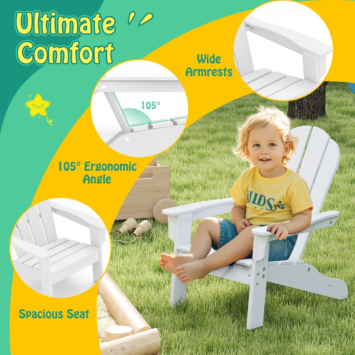 All-Weather HDPE Toddler Lawn Chair with Ergonomic Design-White