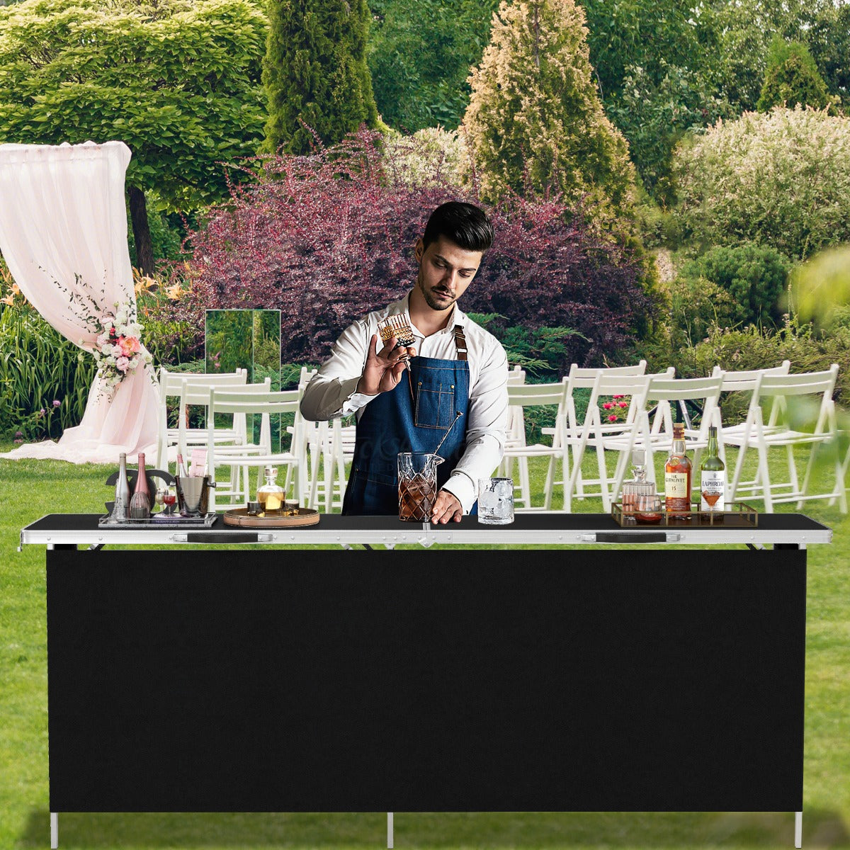 Aluminum Portable Picnic Table with 2-Tier Open Shelves and Spacious Tabletop-Black