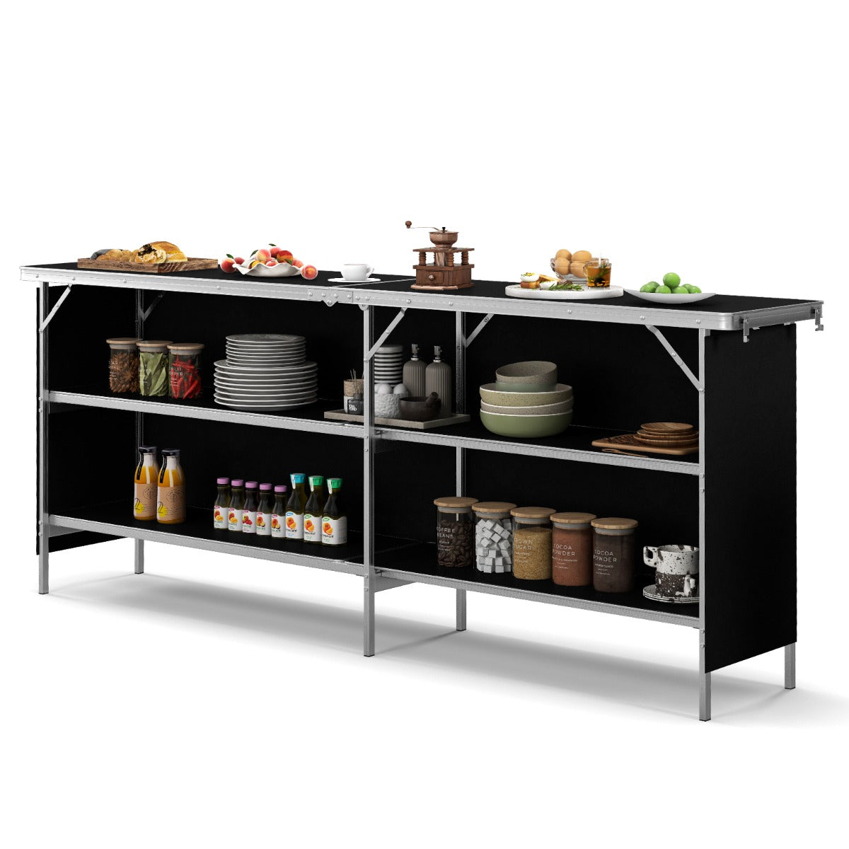Aluminum Portable Picnic Table with 2-Tier Open Shelves and Spacious Tabletop-Black