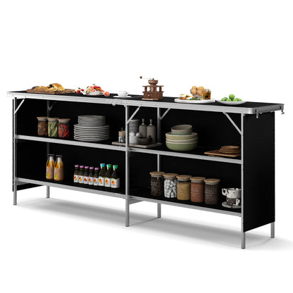 Aluminum Portable Picnic Table with 2-Tier Open Shelves and Spacious Tabletop-Black