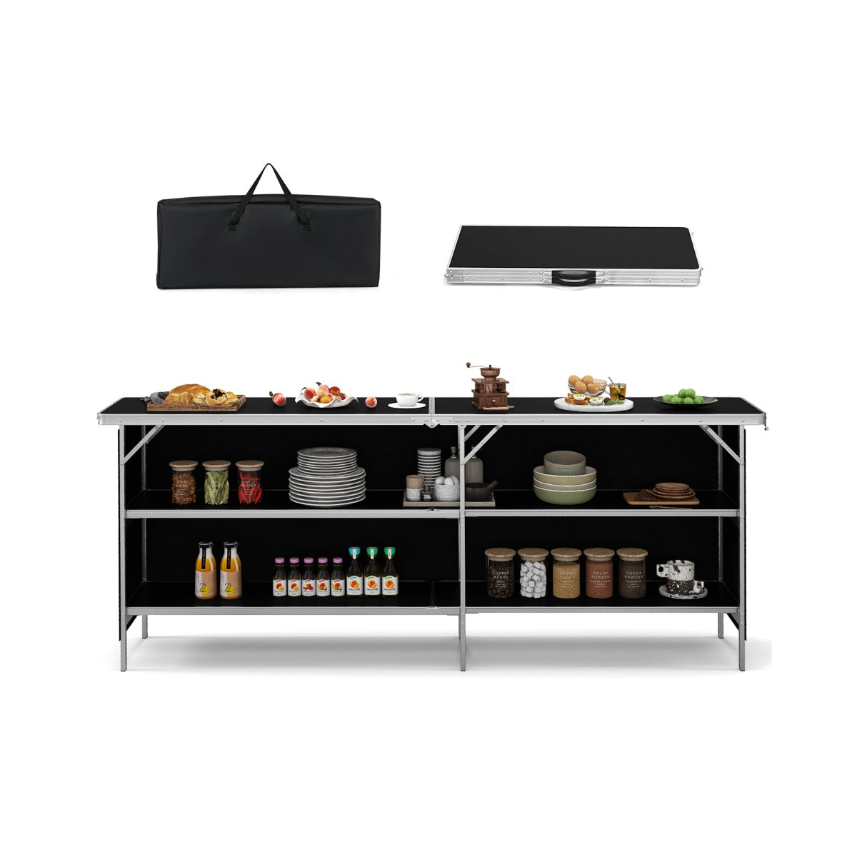 Aluminum Portable Picnic Table with 2-Tier Open Shelves and Spacious Tabletop-Black