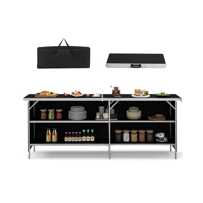 Aluminum Portable Picnic Table with 2-Tier Open Shelves and Spacious Tabletop-Black