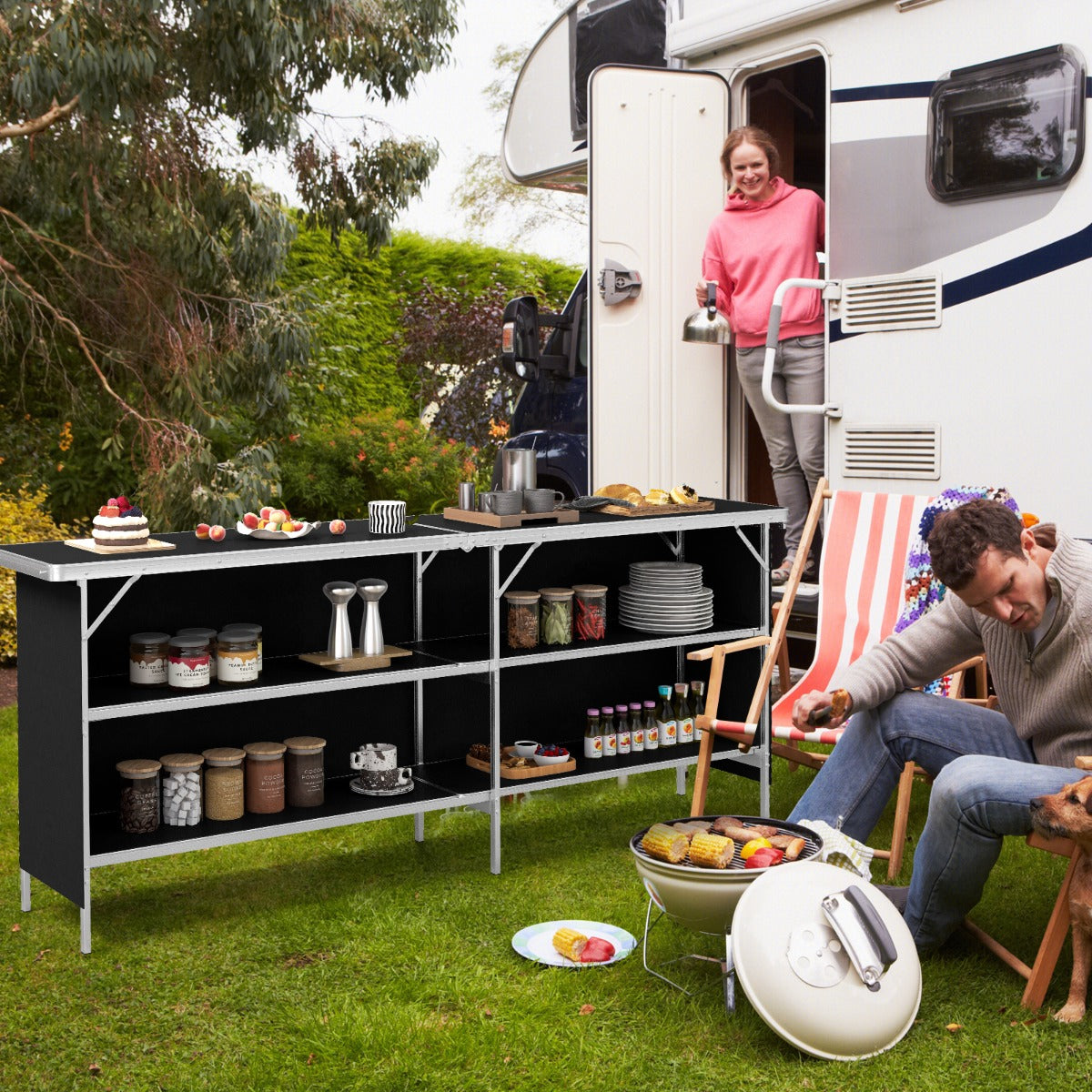 Aluminum Portable Picnic Table with 2-Tier Open Shelves and Spacious Tabletop-Black