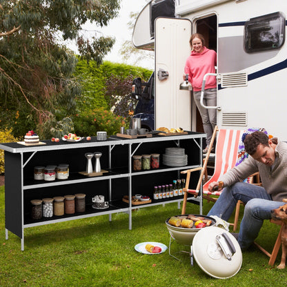 Aluminum Portable Picnic Table with 2-Tier Open Shelves and Spacious Tabletop-Black