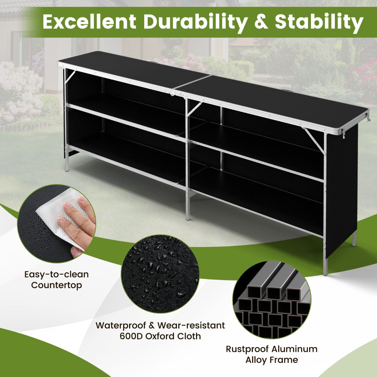 Aluminum Portable Picnic Table with 2-Tier Open Shelves and Spacious Tabletop-Black