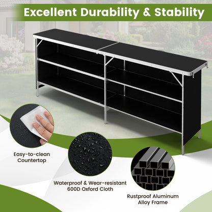 Aluminum Portable Picnic Table with 2-Tier Open Shelves and Spacious Tabletop-Black
