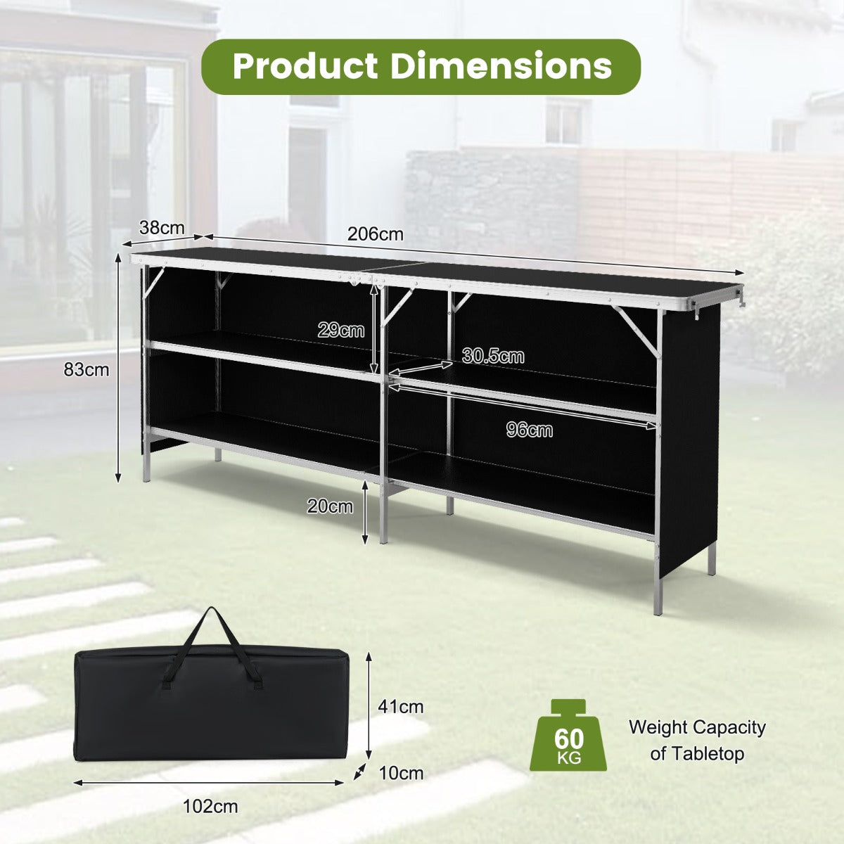 Aluminum Portable Picnic Table with 2-Tier Open Shelves and Spacious Tabletop-Black