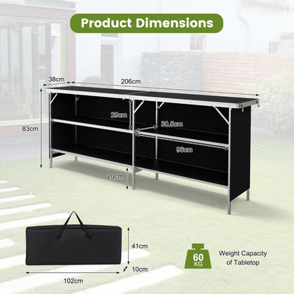 Aluminum Portable Picnic Table with 2-Tier Open Shelves and Spacious Tabletop-Black