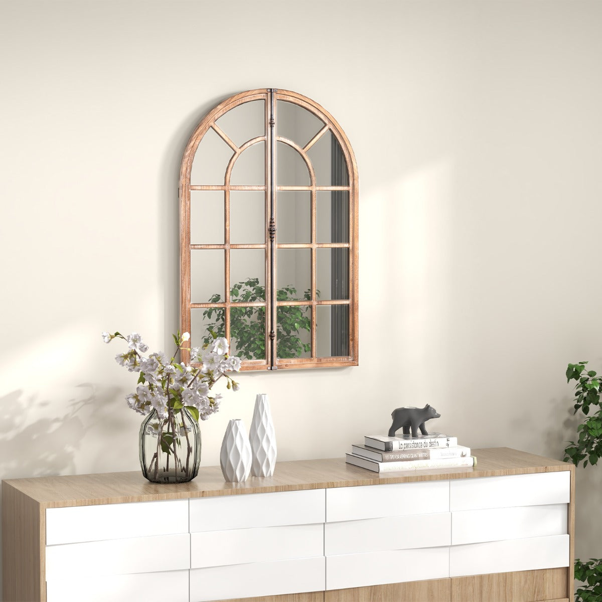 Rustic Farmhouse Wall Mirror with Arch Window Frame, 88cm x 60cm, Natural Finish