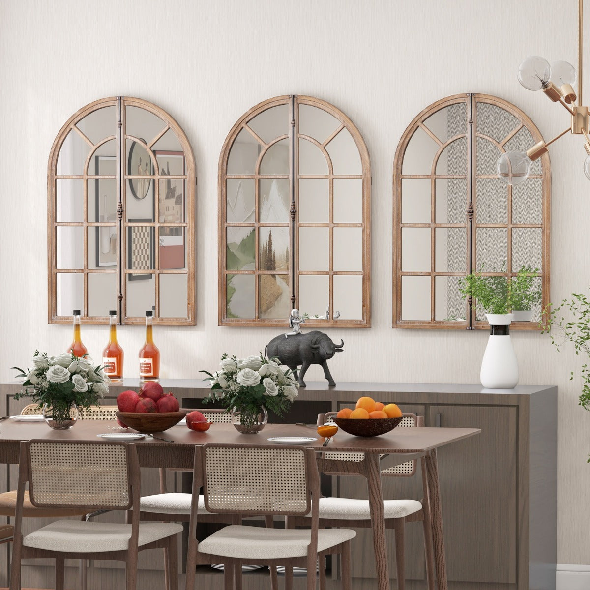 Rustic Farmhouse Wall Mirror with Arch Window Frame, 88cm x 60cm, Natural Finish