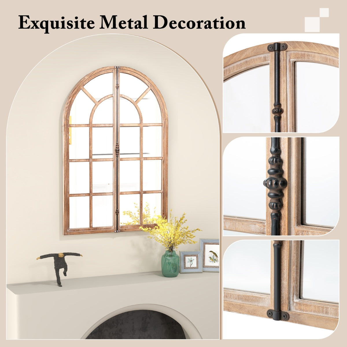 Costway 88cm x 60cm Farmhouse Wall Mounted Decorative Mirror-Natural