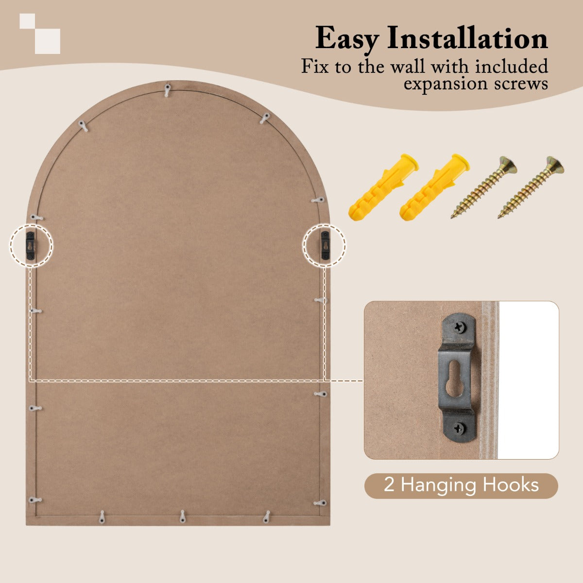 Rustic Farmhouse Wall Mirror with Arch Window Frame, 88cm x 60cm, Natural Finish