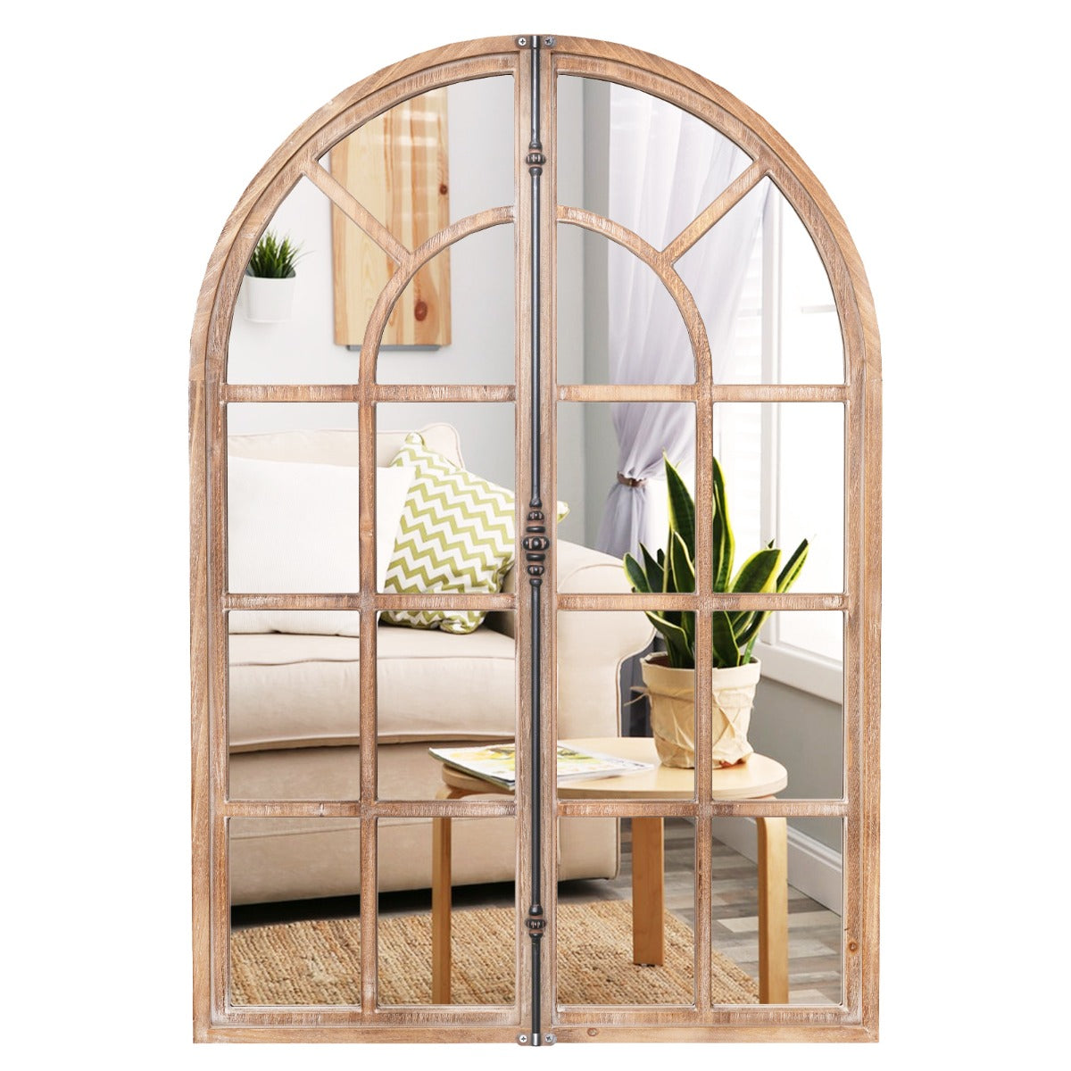 Rustic Farmhouse Wall Mirror with Arch Window Frame, 88cm x 60cm, Natural Finish