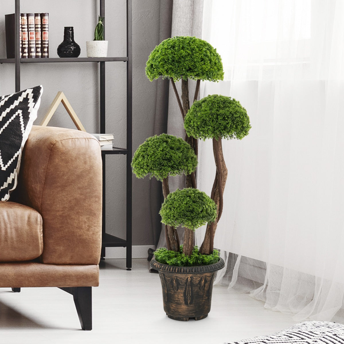 90 cm Artificial Cedar Topiary Tree with Rattan Trunk Cement Filled Pot