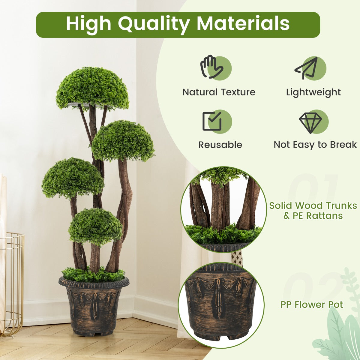 90 cm Artificial Cedar Topiary Tree with Rattan Trunk Cement Filled Pot