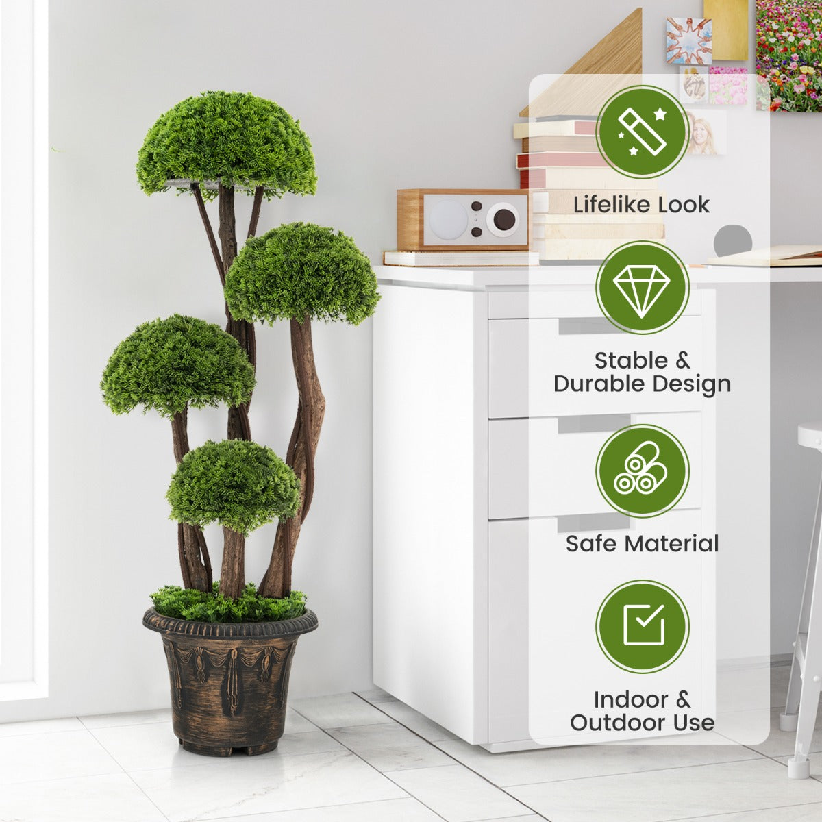 90 cm Artificial Cedar Topiary Tree with Rattan Trunk Cement Filled Pot