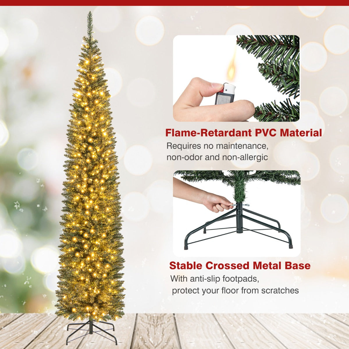 Costway Artificial Christmas Tree with Branch Tips and Warm LED Lights-2.7M