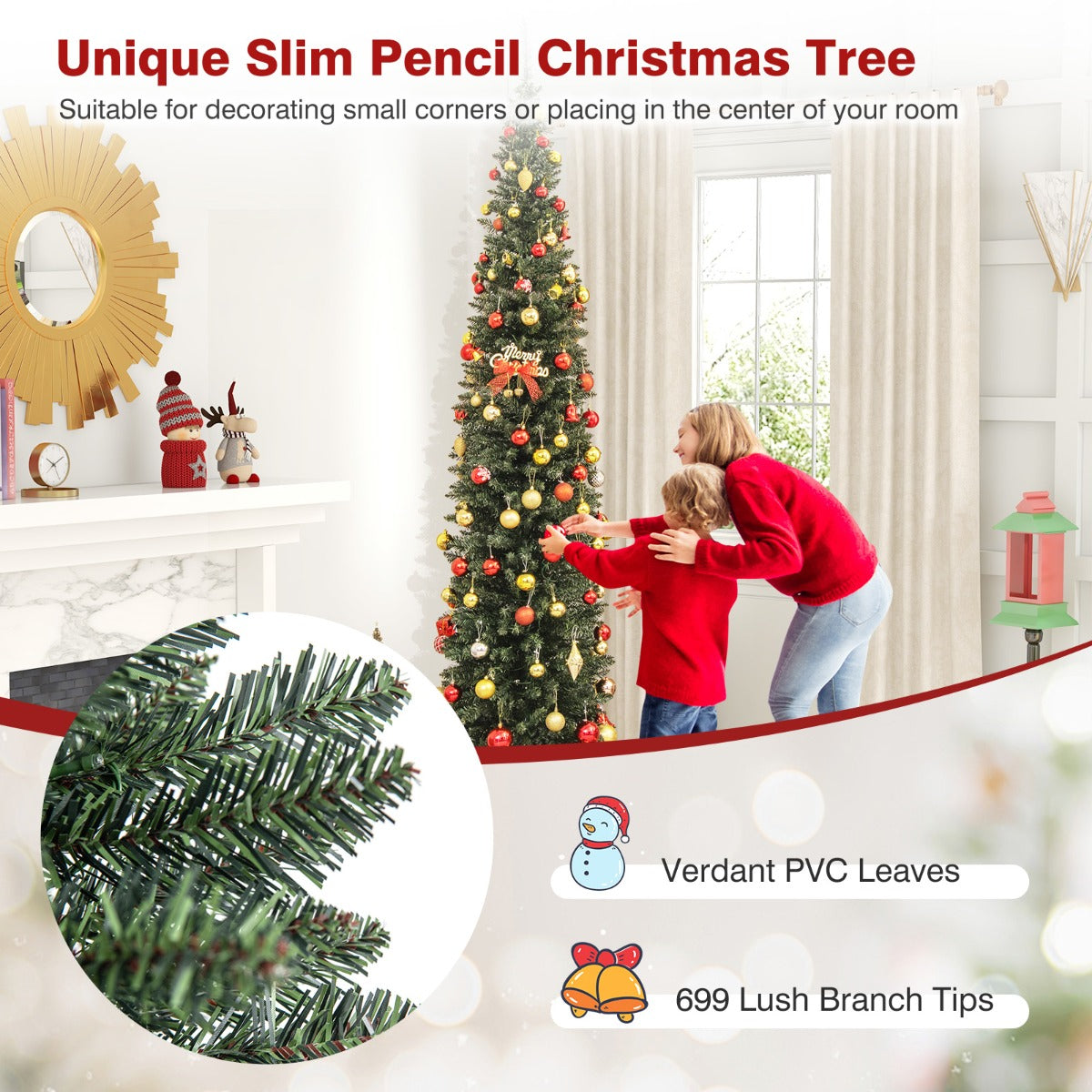 Costway Artificial Christmas Tree with Branch Tips and Warm LED Lights-2.7M