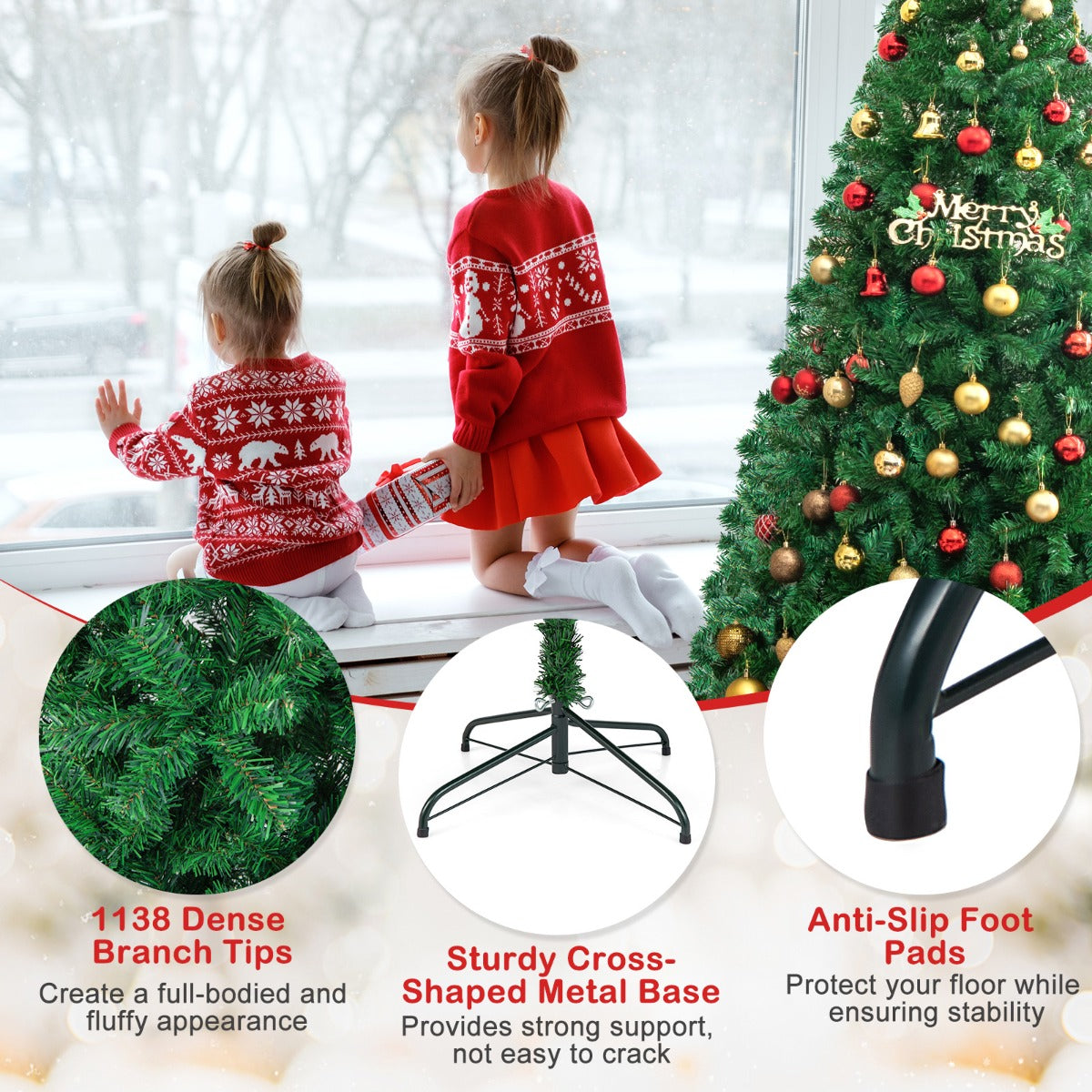2.4m Artificial Christmas Tree Xmas Pine Tree with Solid Metal Legs