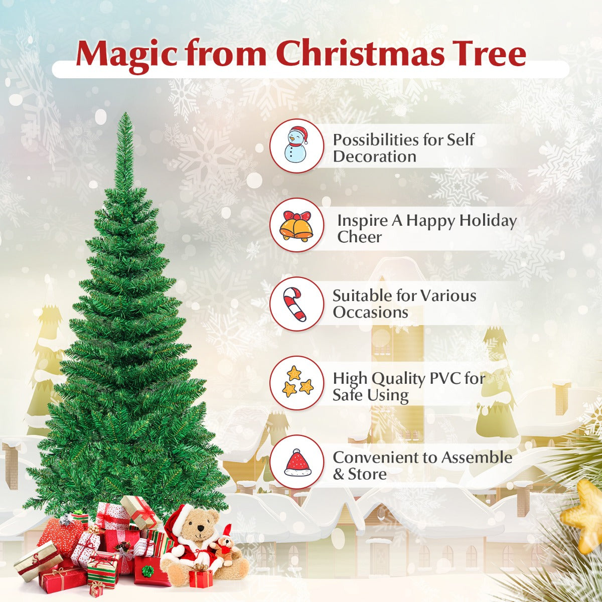 1.37m Pre-Lit Pencil Christmas Tree with 150 LED Lights and Metal Stand