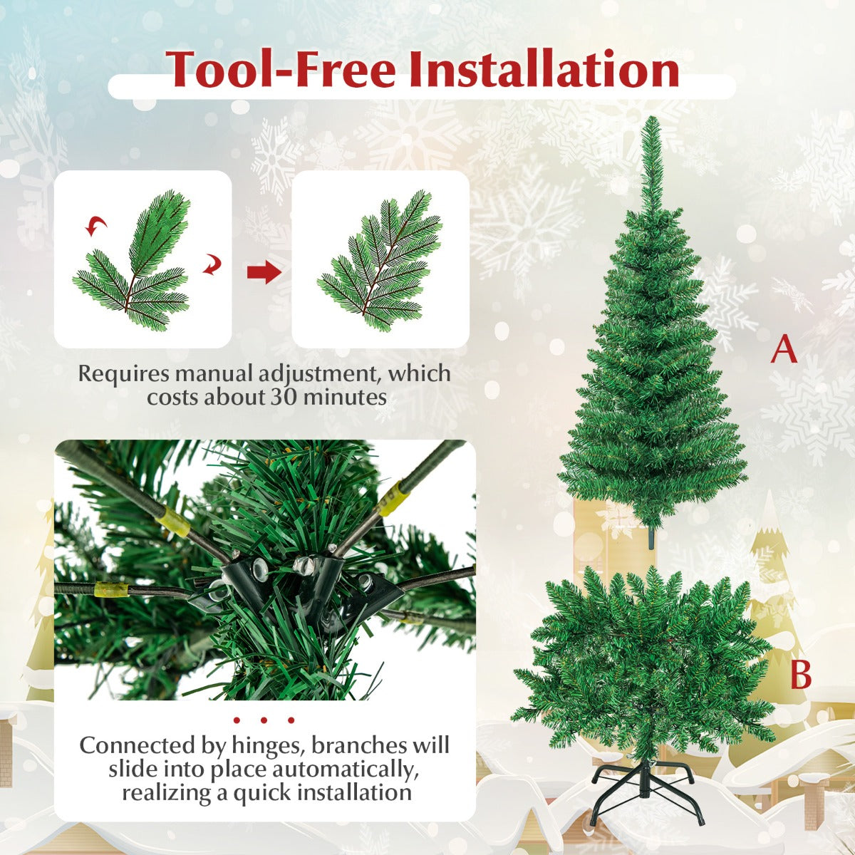 1.37m Pre-Lit Pencil Christmas Tree with 150 LED Lights and Metal Stand