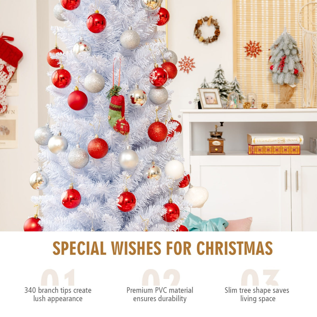 1.8M Slim White Artificial Christmas Tree with Metal Stand, Space-Saving Design