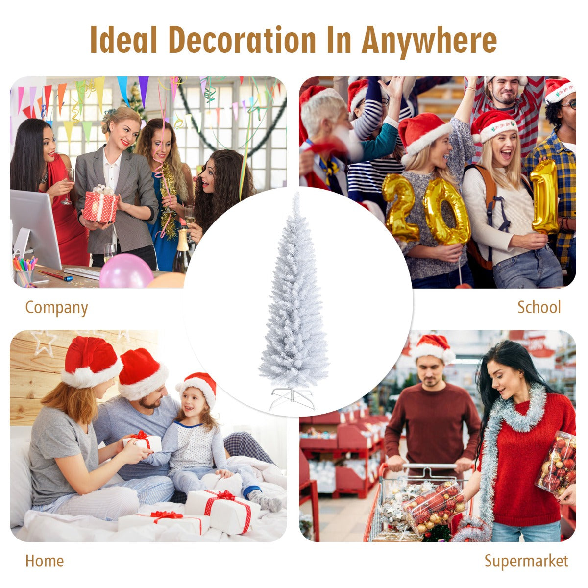 1.5M Slim White Christmas Tree with Metal Stand, PVC Material, Space-Saving Design