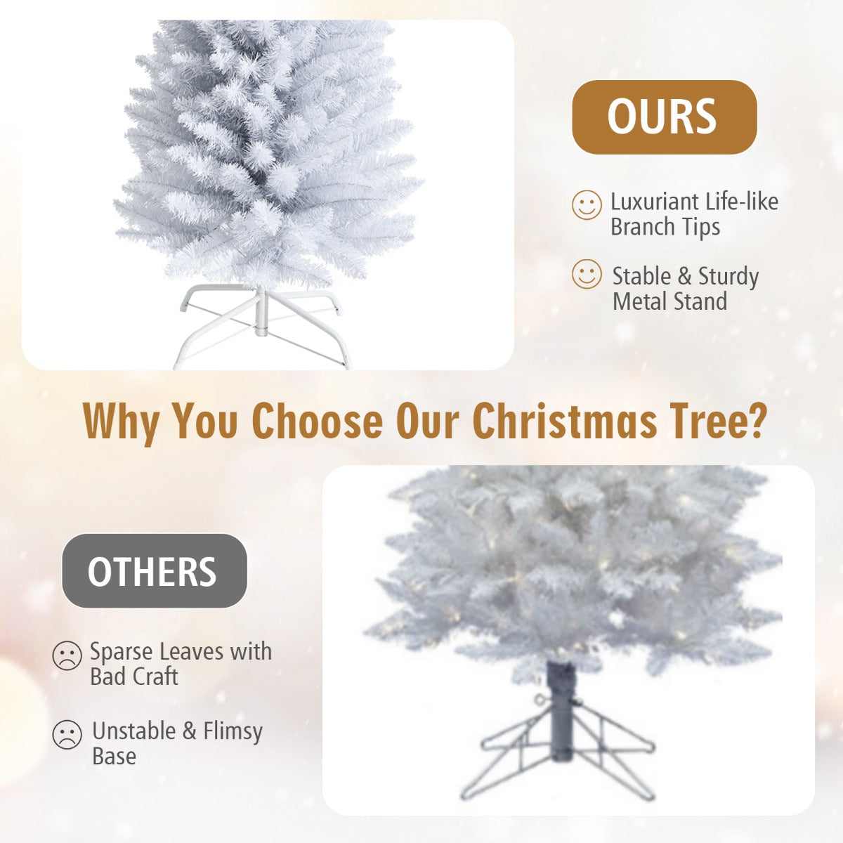 1.8M Slim White Artificial Christmas Tree with Metal Stand, Space-Saving Design