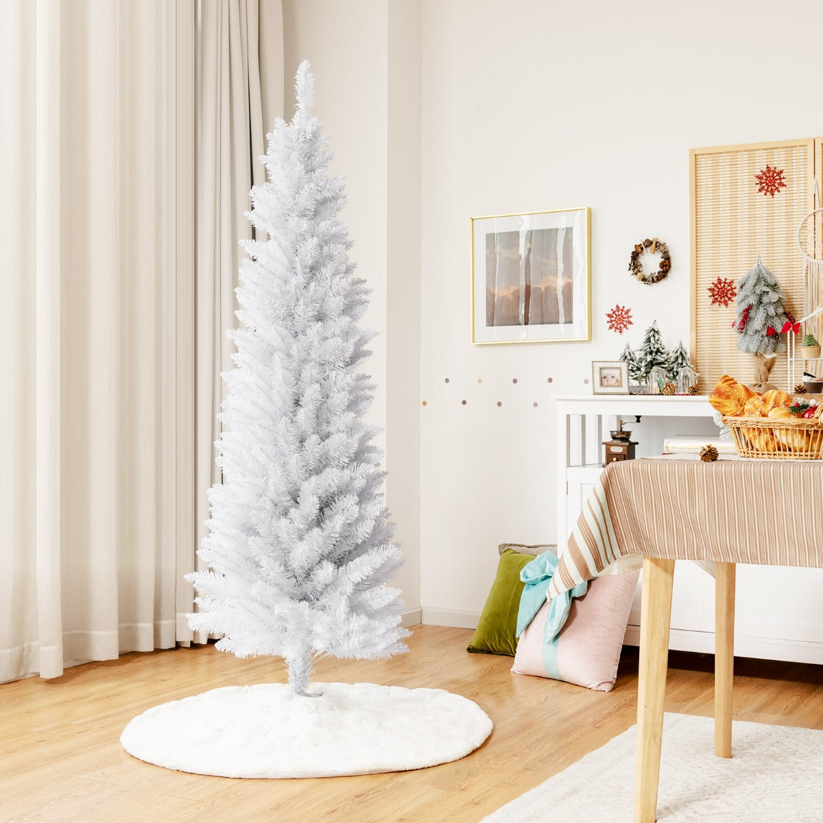 1.8M Slim White Artificial Christmas Tree with Metal Stand, Space-Saving Design