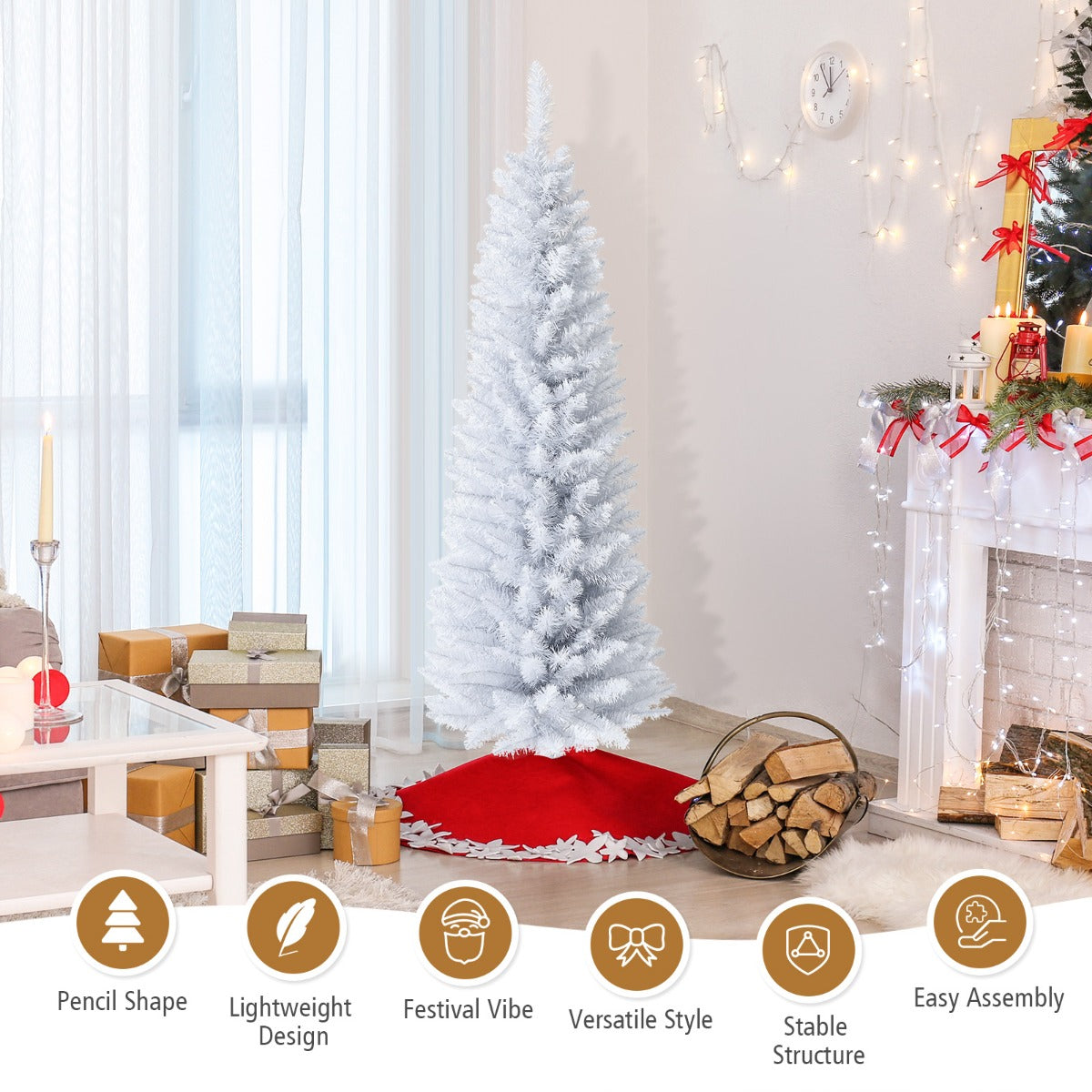 1.5M Slim White Christmas Tree with Metal Stand, PVC Material, Space-Saving Design