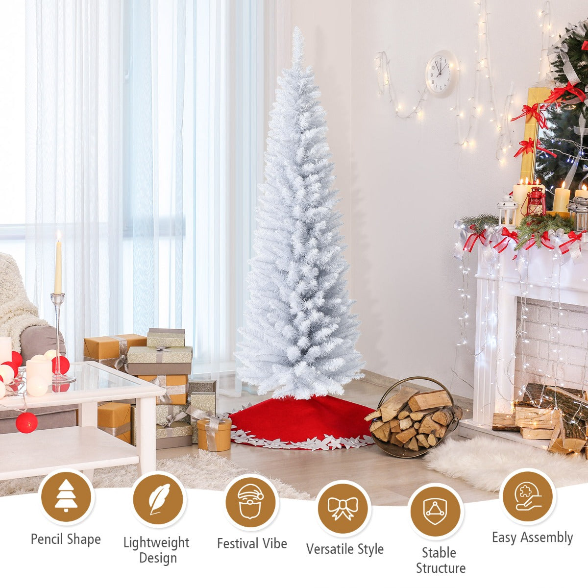 1.8M Slim White Artificial Christmas Tree with Metal Stand, Space-Saving Design