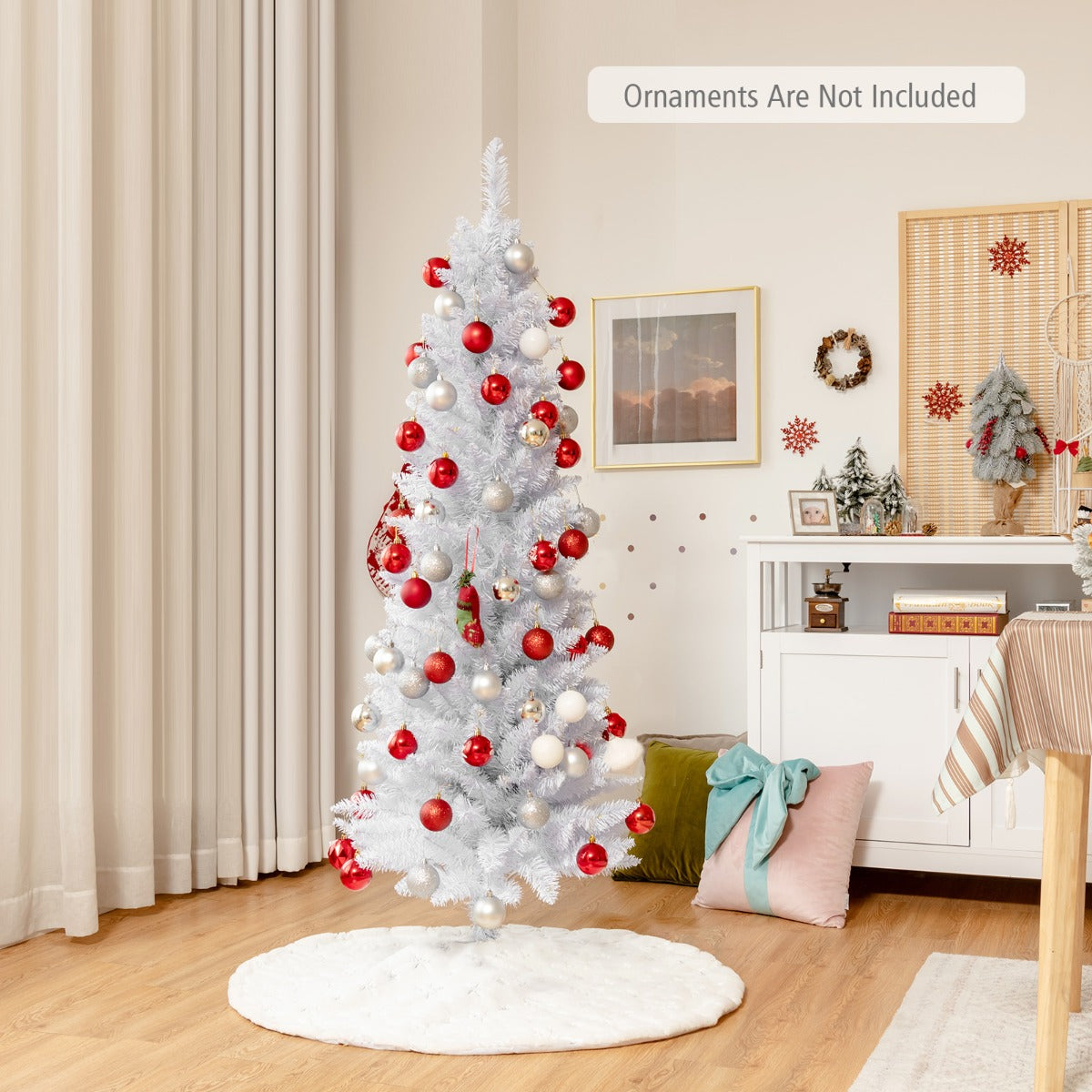 1.5M Slim White Christmas Tree with Metal Stand, PVC Material, Space-Saving Design