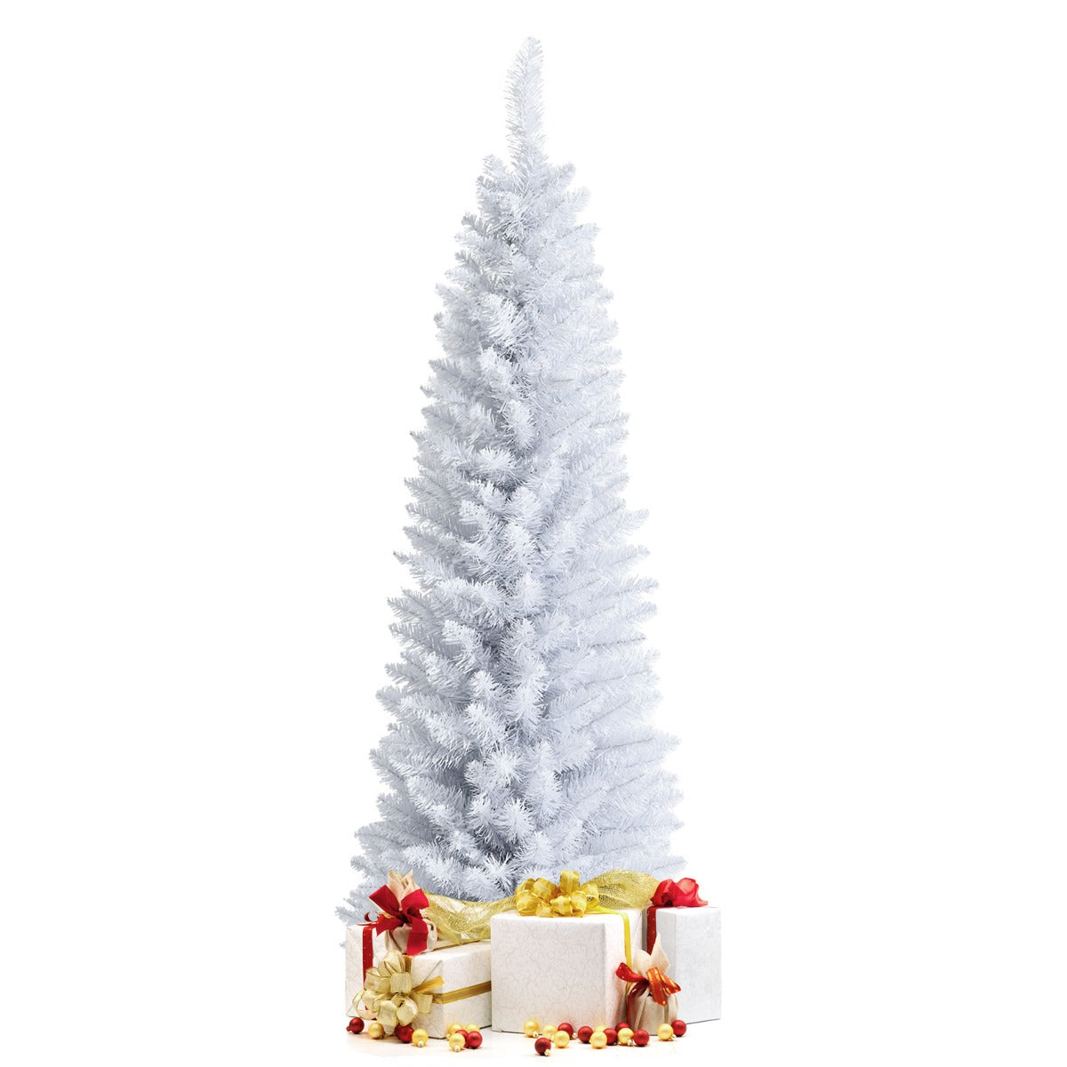 1.5M Slim White Christmas Tree with Metal Stand, PVC Material, Space-Saving Design