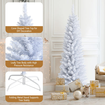 1.5M Slim White Christmas Tree with Metal Stand, PVC Material, Space-Saving Design