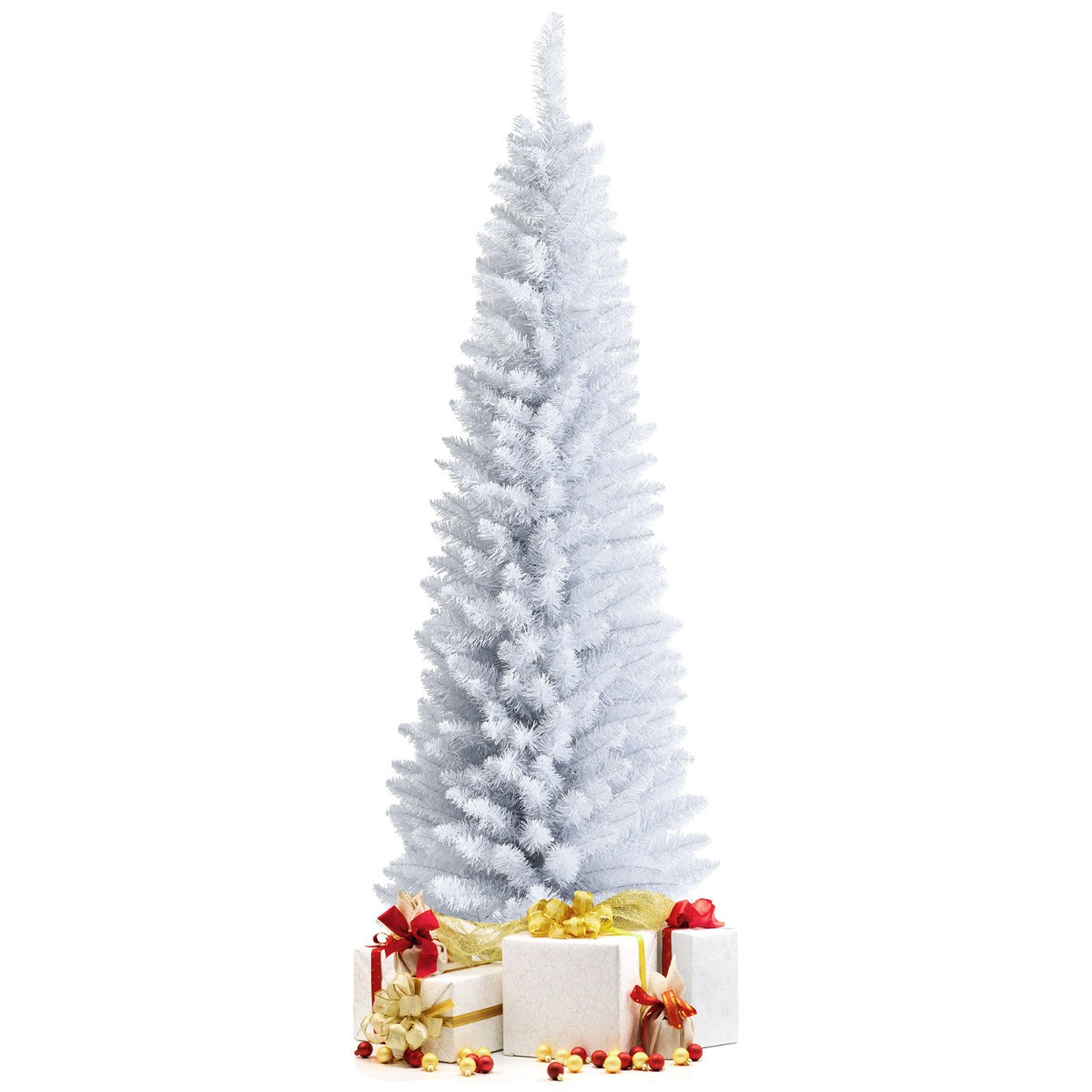 1.8M Slim White Artificial Christmas Tree with Metal Stand, Space-Saving Design