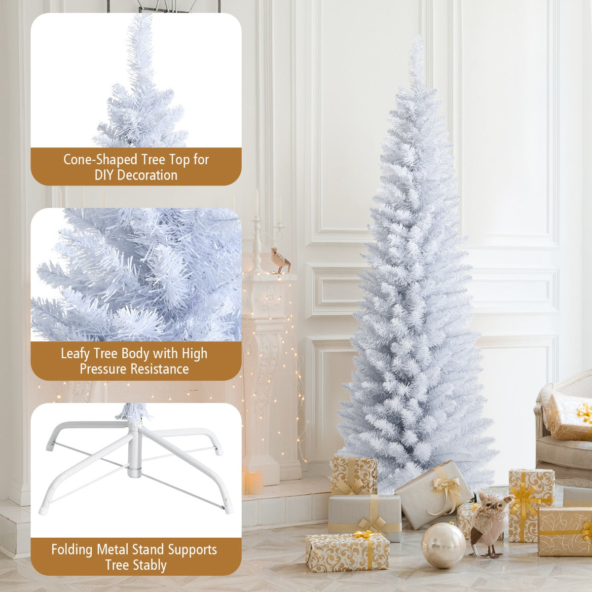 1.8M Slim White Artificial Christmas Tree with Metal Stand, Space-Saving Design