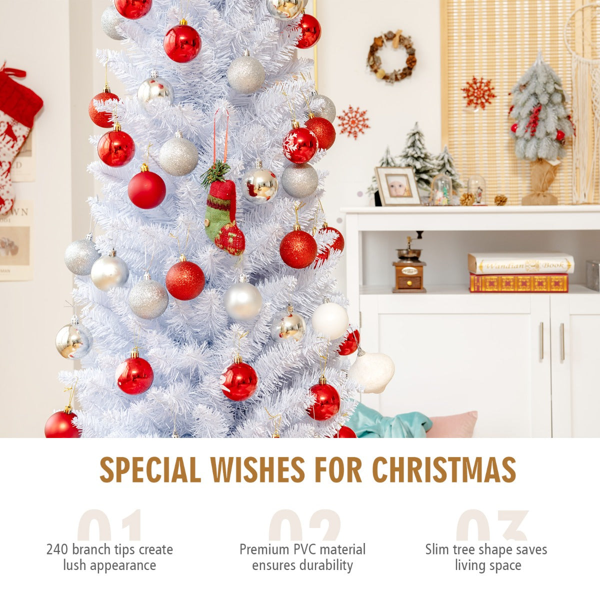 1.5M Slim White Christmas Tree with Metal Stand, PVC Material, Space-Saving Design