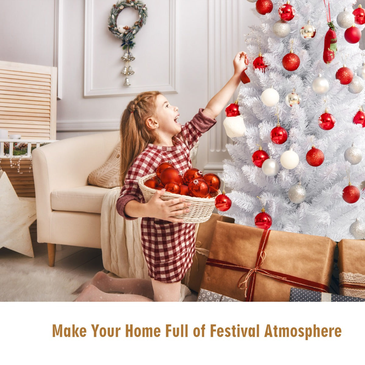 1.8M Slim White Artificial Christmas Tree with Metal Stand, Space-Saving Design