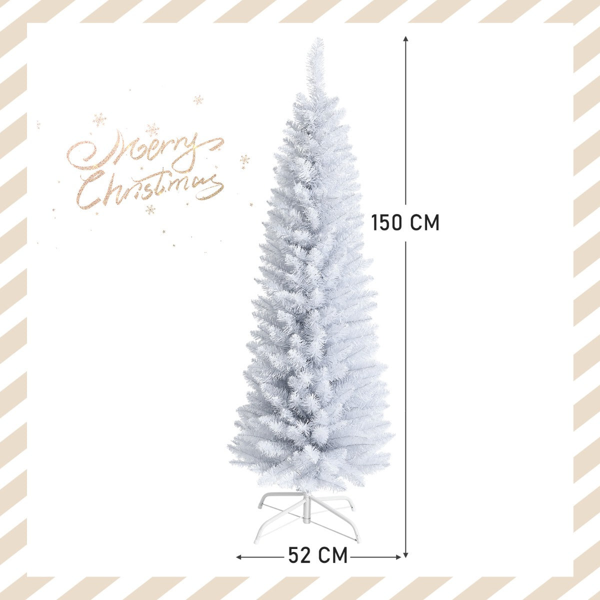 1.5M Slim White Christmas Tree with Metal Stand, PVC Material, Space-Saving Design