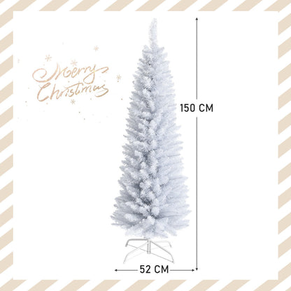 1.5M Slim White Christmas Tree with Metal Stand, PVC Material, Space-Saving Design