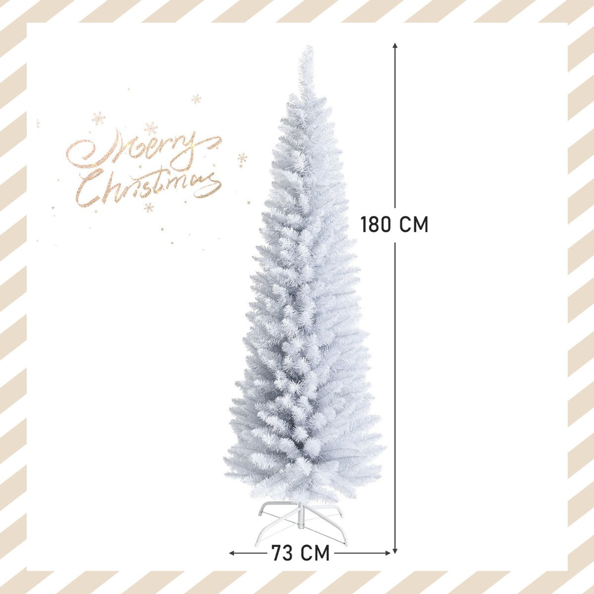 1.8M Slim White Artificial Christmas Tree with Metal Stand, Space-Saving Design