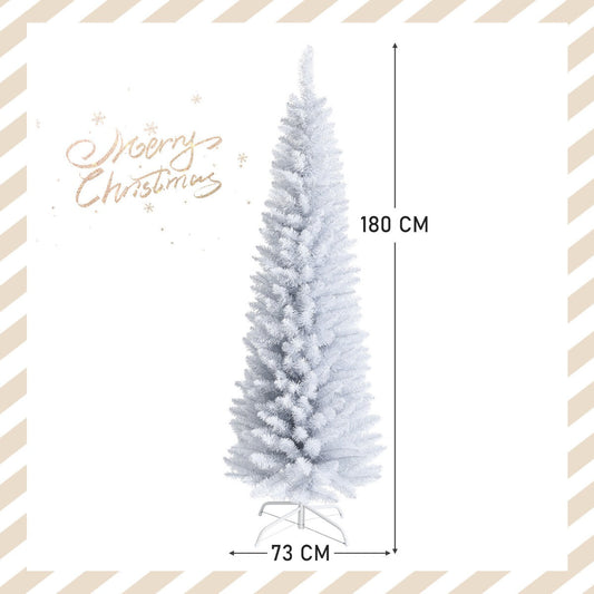 1.8M Slim White Artificial Christmas Tree with Metal Stand, Space-Saving Design