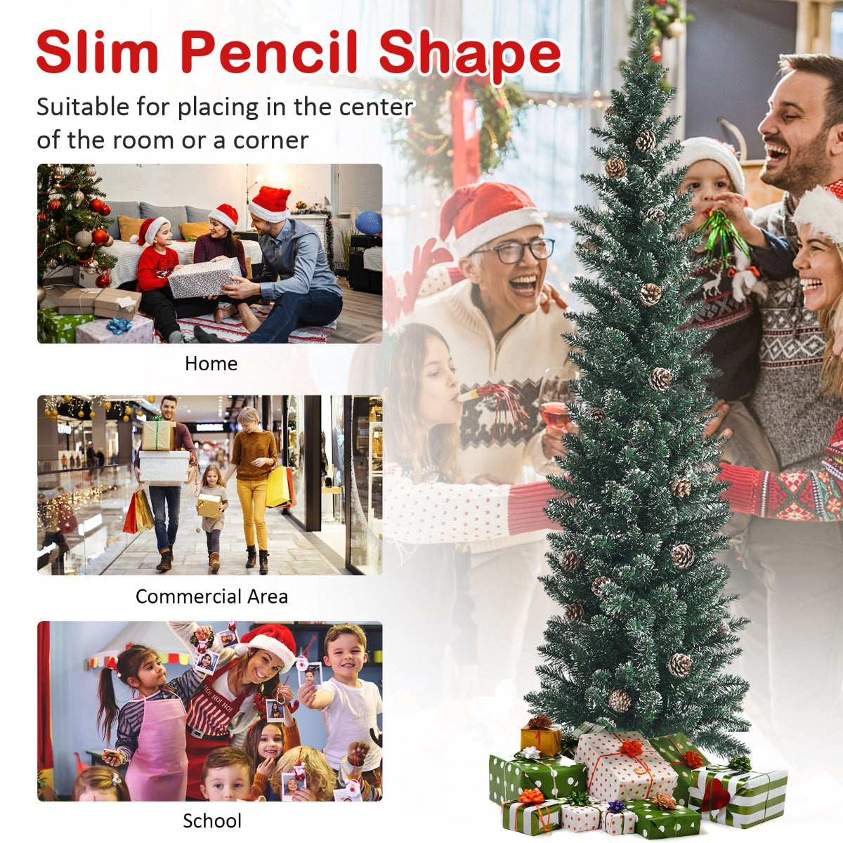 1.8M Slim Pencil Christmas Tree with Pine Cones and Snowy Branch Tips